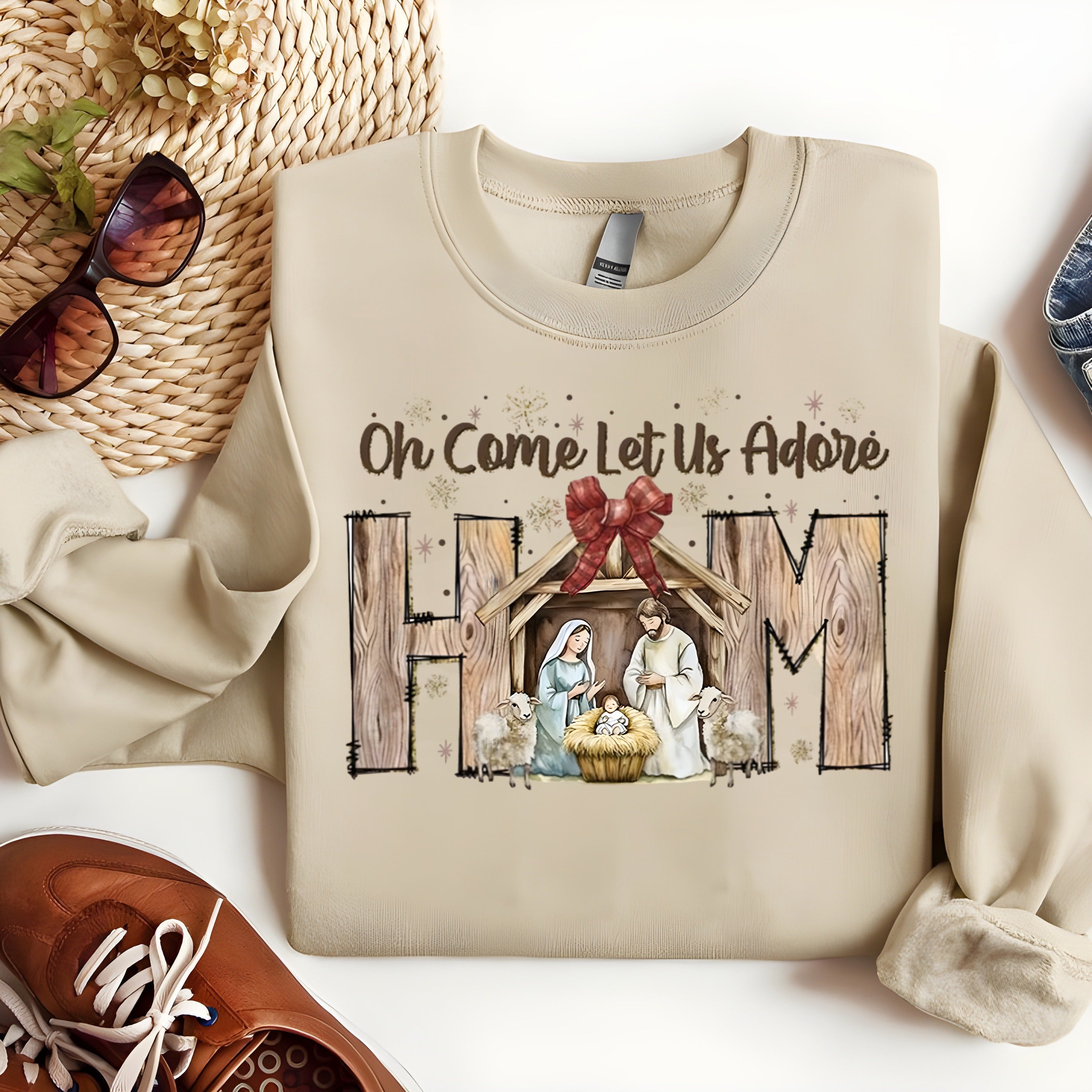 Oh Come Let Us Adore Him Christmas Sweatshirt, Nativity Scene Christian Pullover, Religious Holiday Crewneck